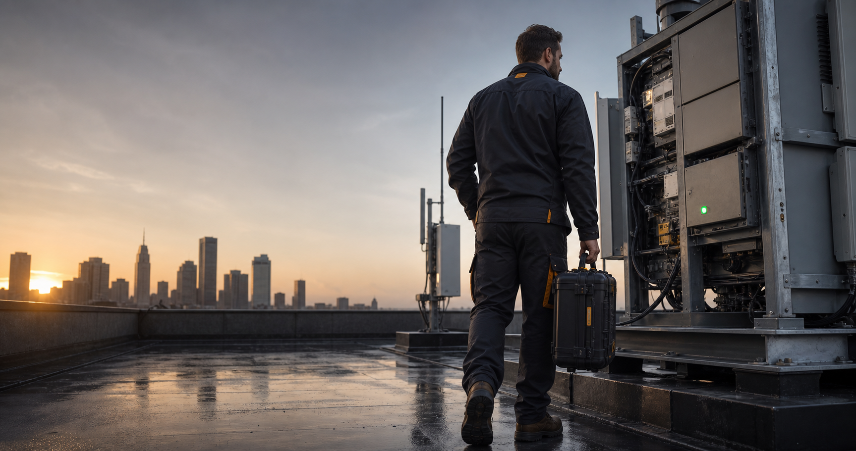 Field technician inspecting rooftop equipment at sunrise